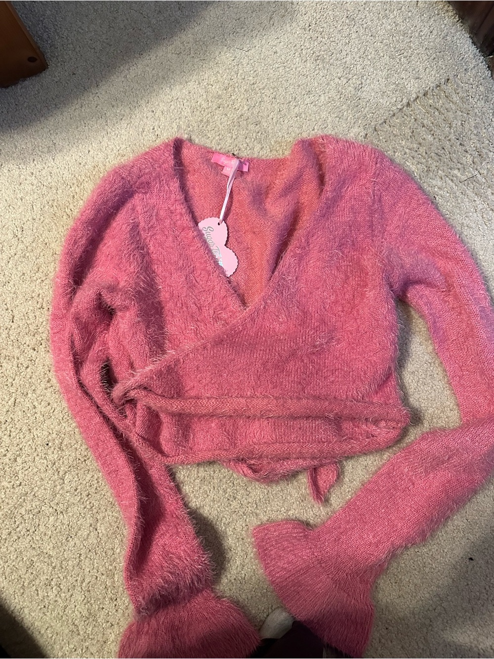 Dolls Kill Fuzzy Pink Wrap V-Neck Crop Sweater